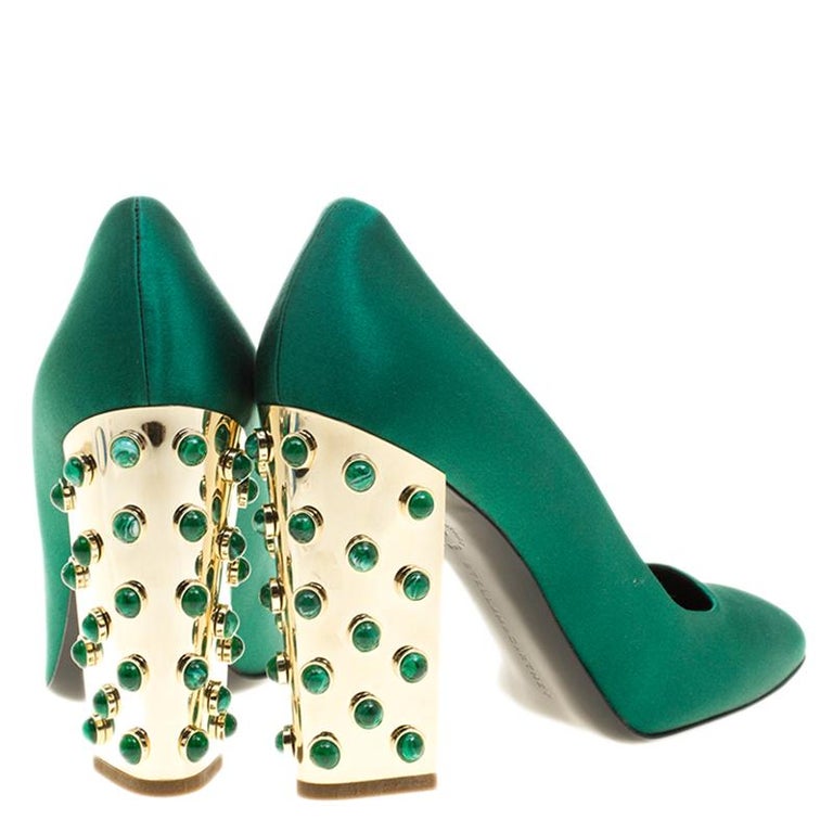 Stella McCartney Green Satin Cabochon Stone Embellished Pumps Size 40