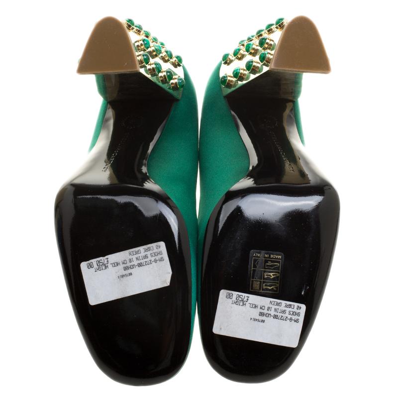 Women's Stella McCartney Green Satin Cabochon Stone Embellished Pumps Size 40