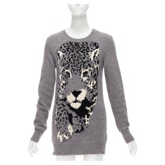 STELLA MCCARTNEY grey black cream leopard intarsia crew neck knitted dress