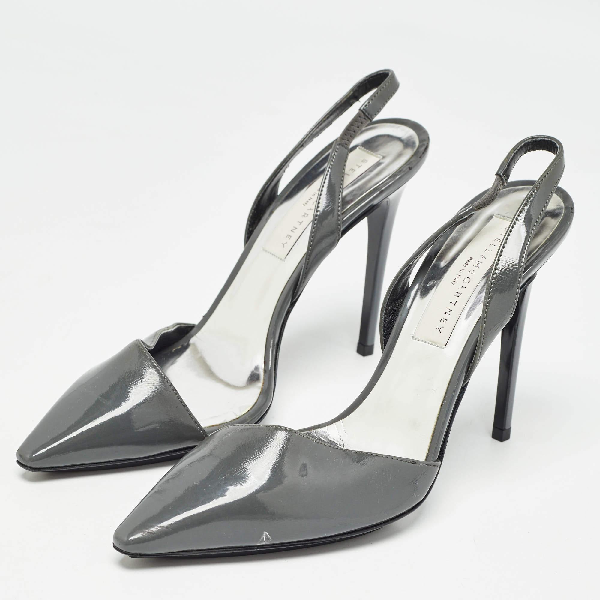 These lovely Stella McCartney pumps are ideal with formals as well as casuals. Crafted from grey faux patent leather they are styled with pointed toes 11cm heels and slingbacks. They are finished with faux leather lined insoles for maximum comfort.
