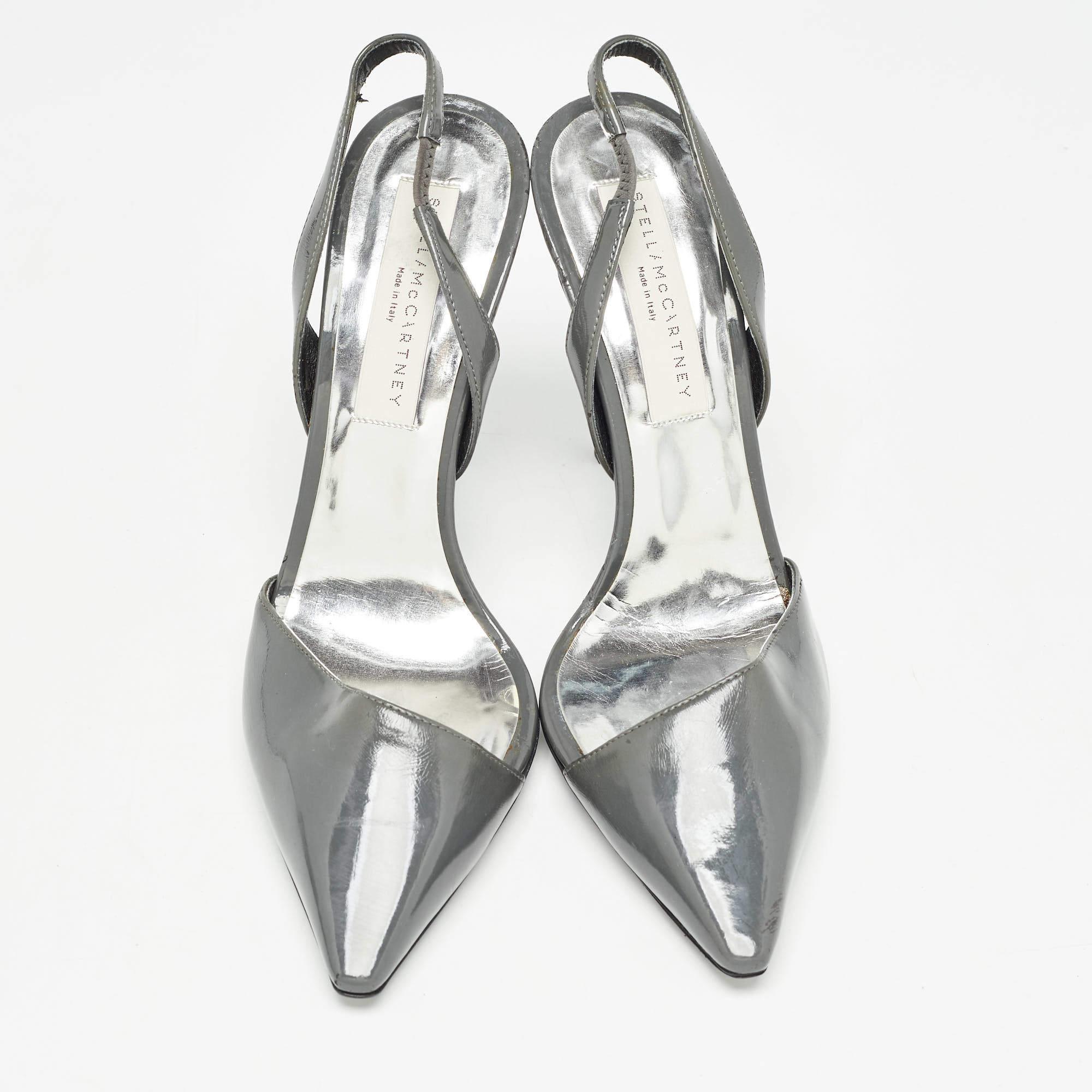 Gray Stella McCartney Grey Faux Patent Leather Slingback Pumps Size 36.5 For Sale