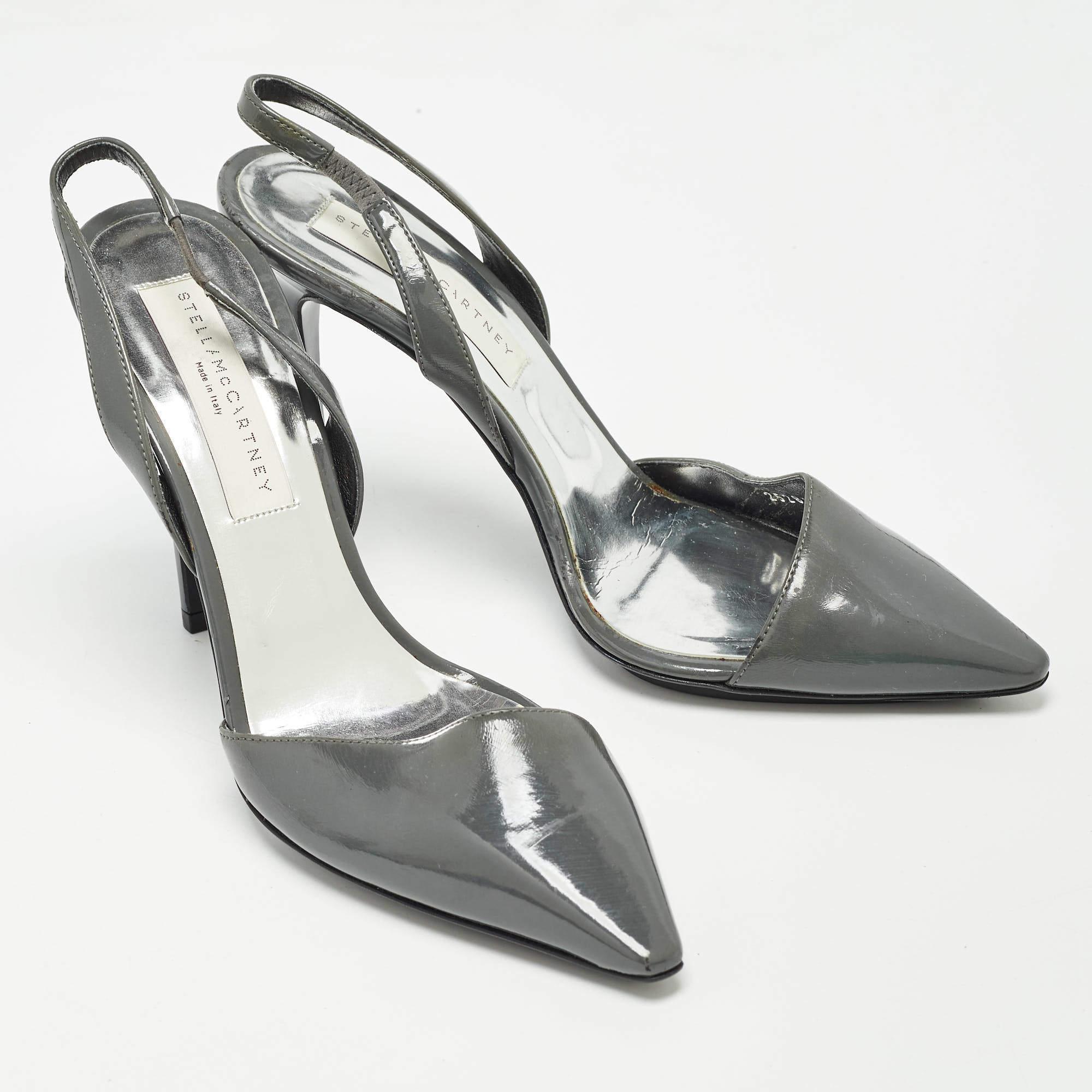 Stella McCartney Grey Faux Patent Leather Slingback Pumps Size 36.5 In Excellent Condition For Sale In Dubai, Al Qouz 2