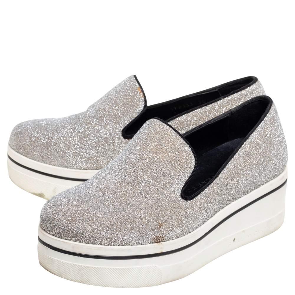 Stella McCartney Grey Glitter Platform Sneakers Size 35 In Good Condition In Dubai, Al Qouz 2