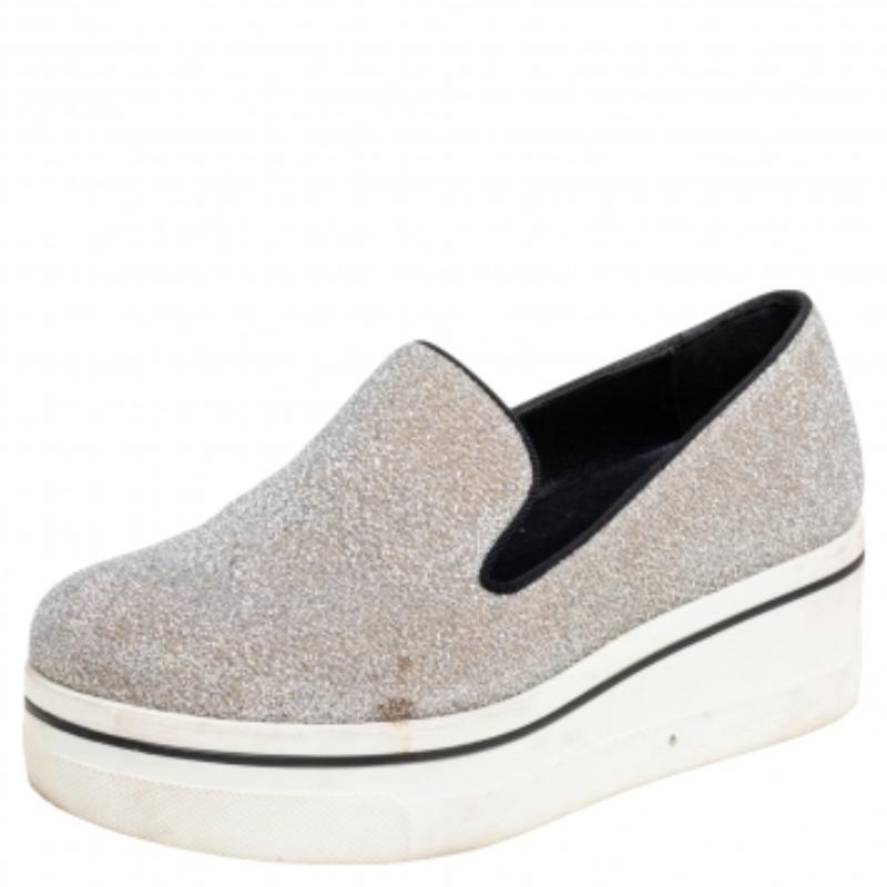 Stella McCartney Grey Glitter Platform Sneakers Size 35 For Sale 2