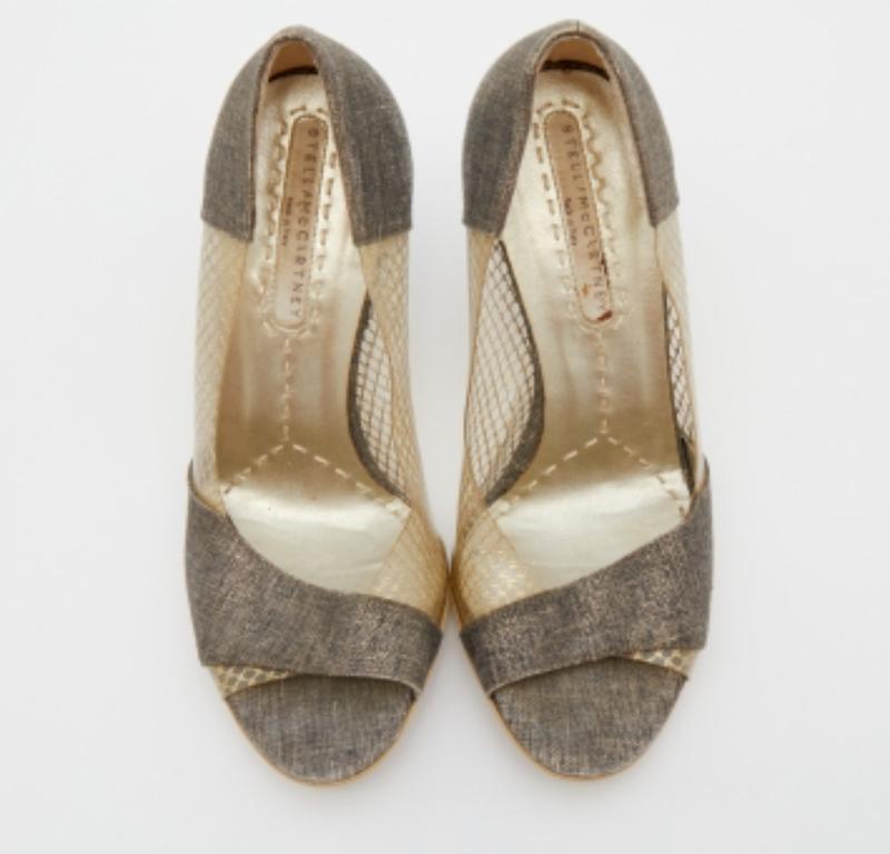 Brown Stella McCartney Grey/Gold Canvas and PVC Peep Toe Pumps Size 36 For Sale