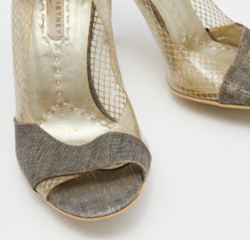 Women's Stella McCartney Grey/Gold Canvas and PVC Peep Toe Pumps Size 36 For Sale