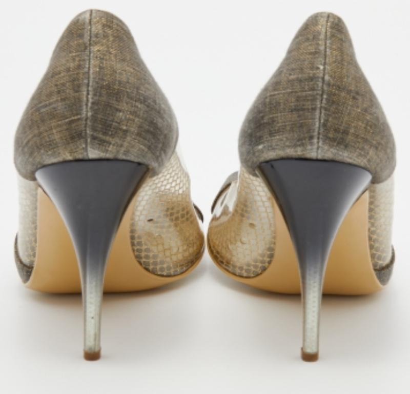 Stella McCartney Grey/Gold Canvas and PVC Peep Toe Pumps Size 36 For Sale 2