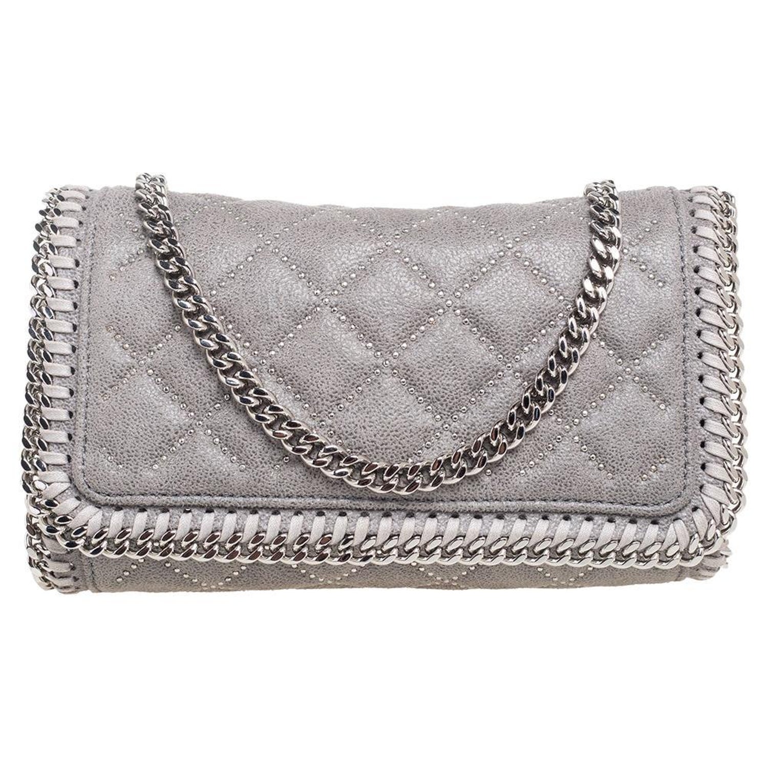 Stella McCartney Grey Quilted Faux Suede Studded Falabella Flap Shoulder Bag  at 1stDibs