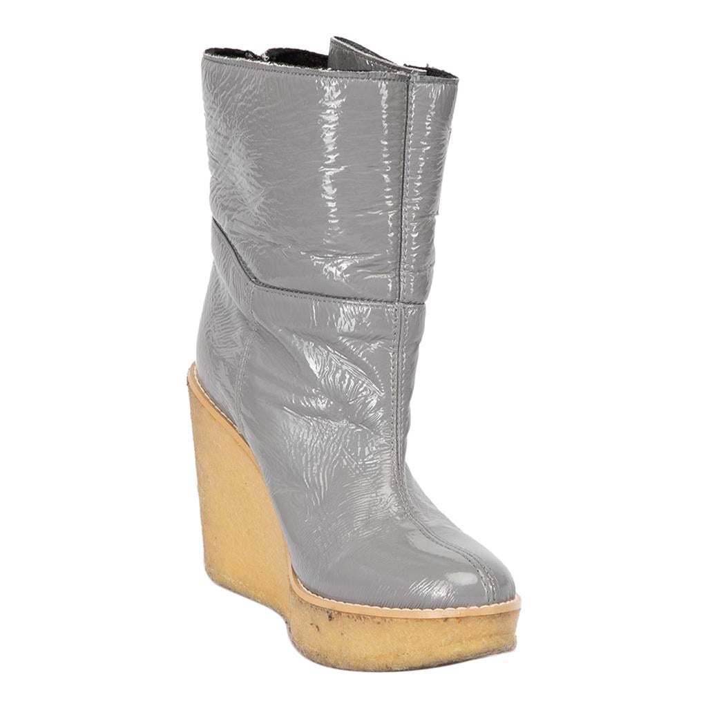 Stella McCartney Gris Vegan Patent Faux Shearling Wedge Boots Size IT 37