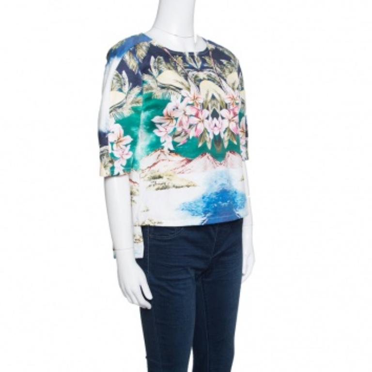 Stella McCartney Top aus Stretch-Baumwolle mit Hawaii-Druck und Knopfleiste hinten, M (Grau) im Angebot