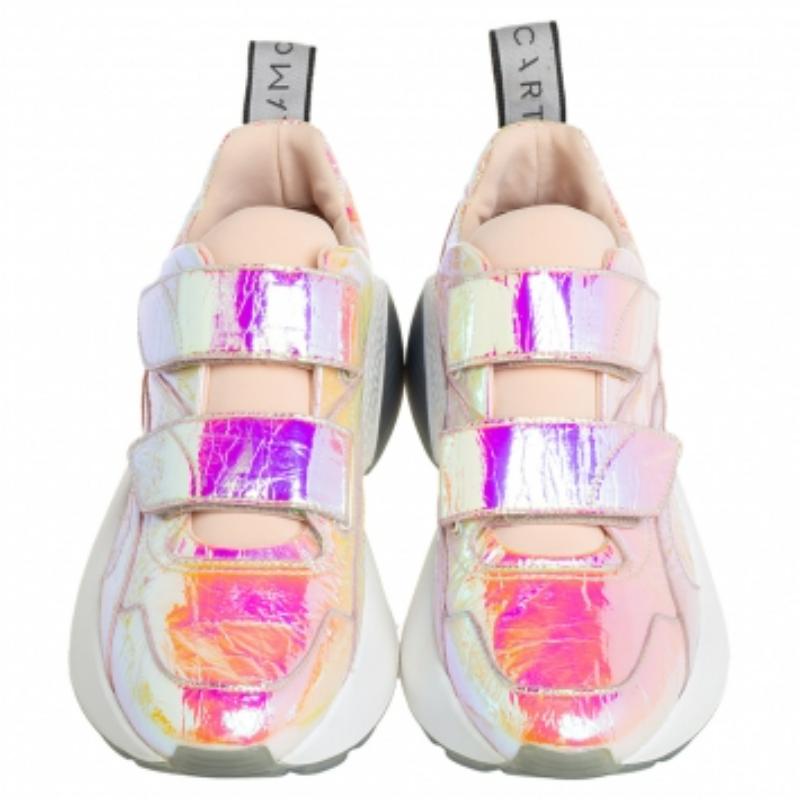 Stella McCartney Holographic Faux Leather Velcro Strap Sneakers Size 39 In Good Condition For Sale In Dubai, Al Qouz 2