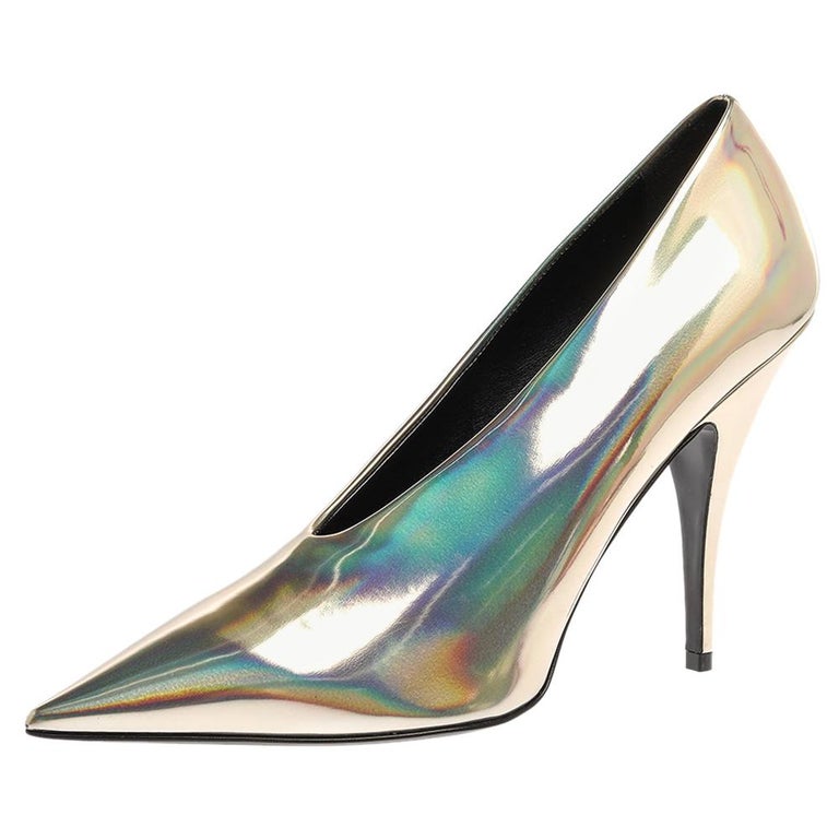 Stella McCartney Holographic Gold Faux Glossy Leather V Neck Pumps Size  40.5 at 1stDibs