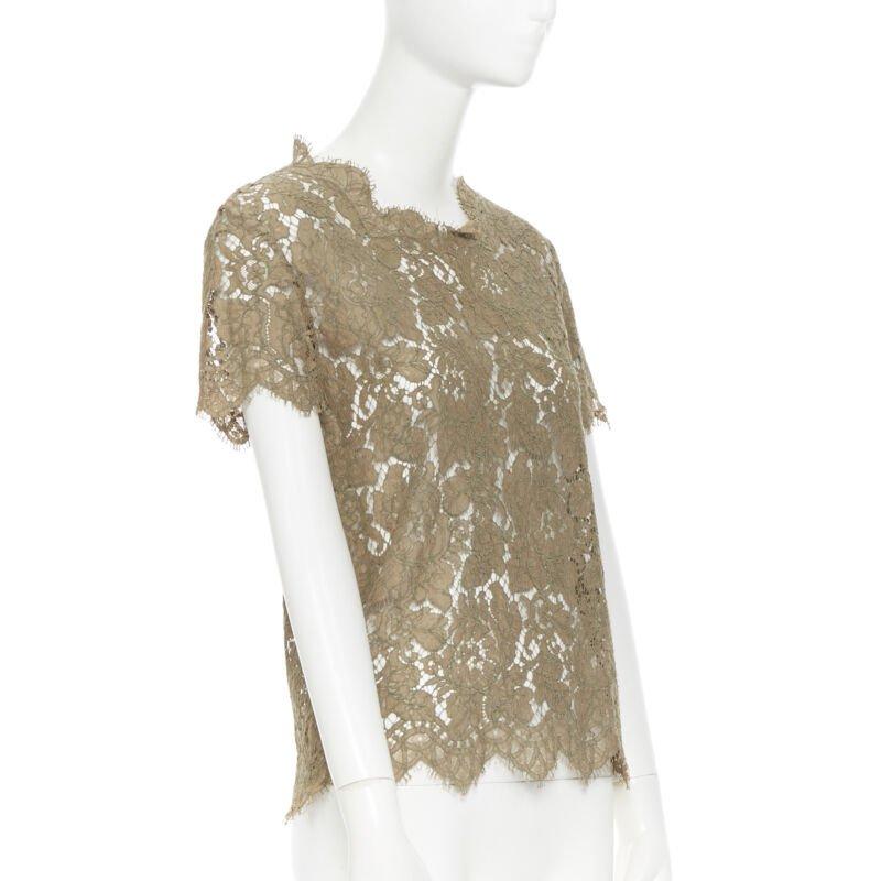Beige STELLA  MCCARTNEY khaki green floral lace short sleeve t-shirt top XS For Sale