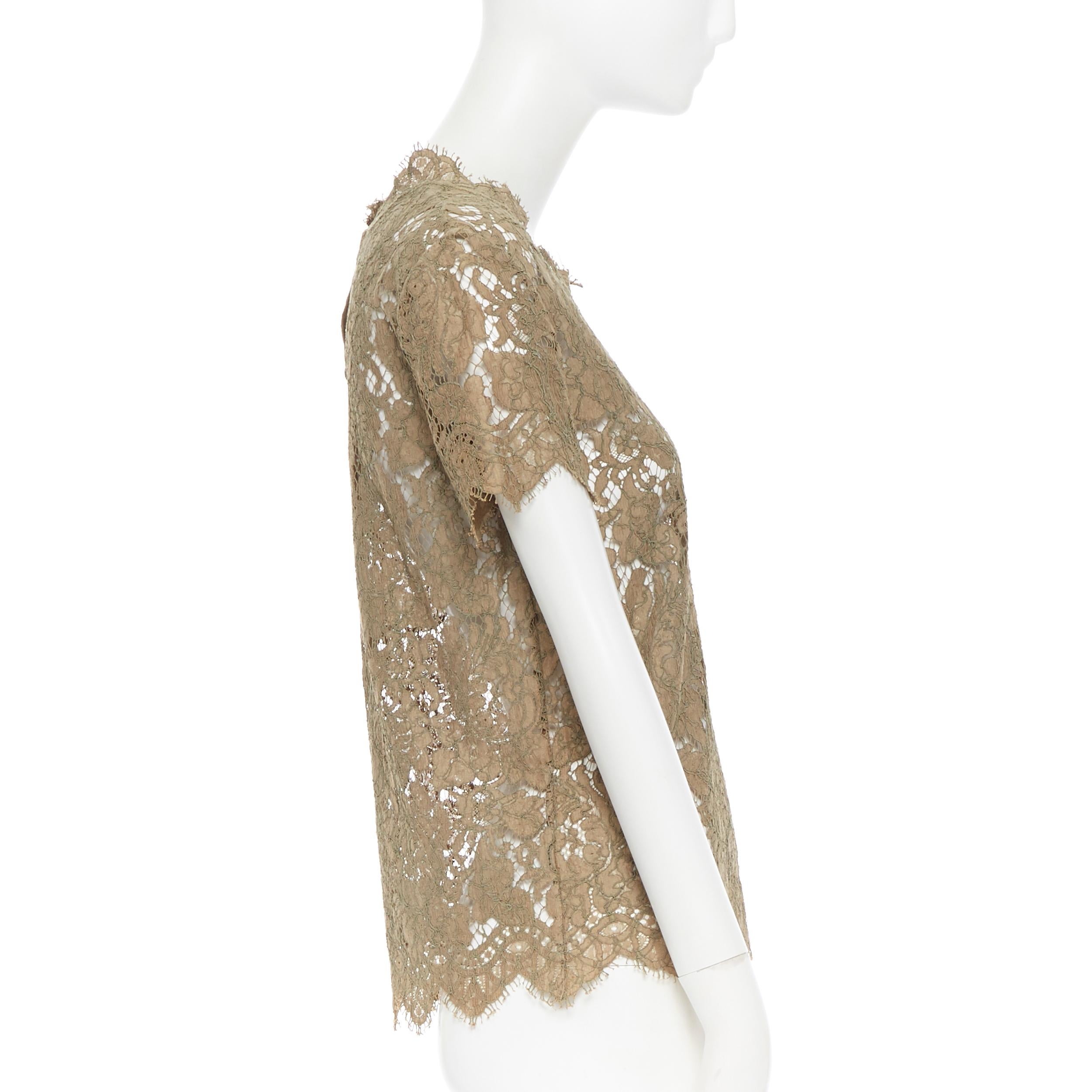 Beige STELLA  MCCARTNEY khaki green floral lace short sleeve t-shirt top XS For Sale