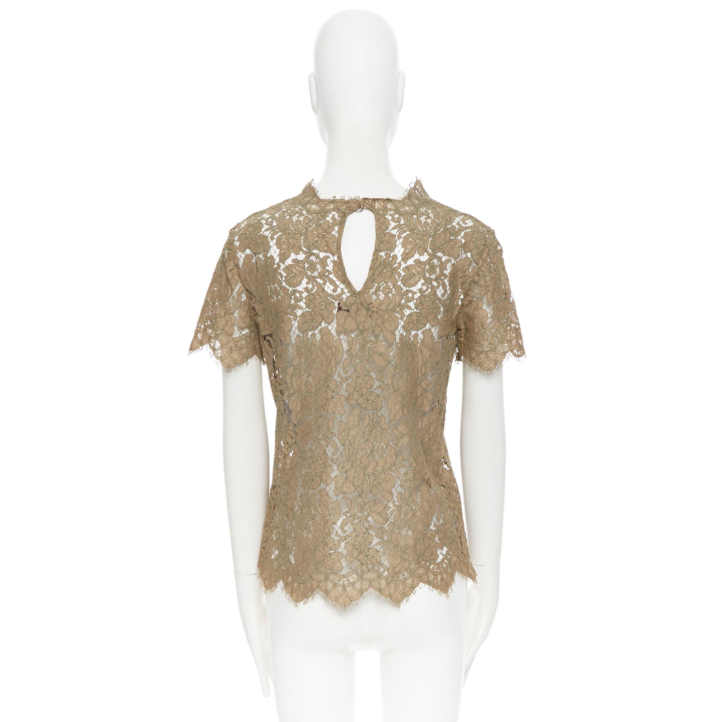 STELLA  MCCARTNEY khaki green floral lace short sleeve t-shirt top XS In Excellent Condition For Sale In Hong Kong, NT