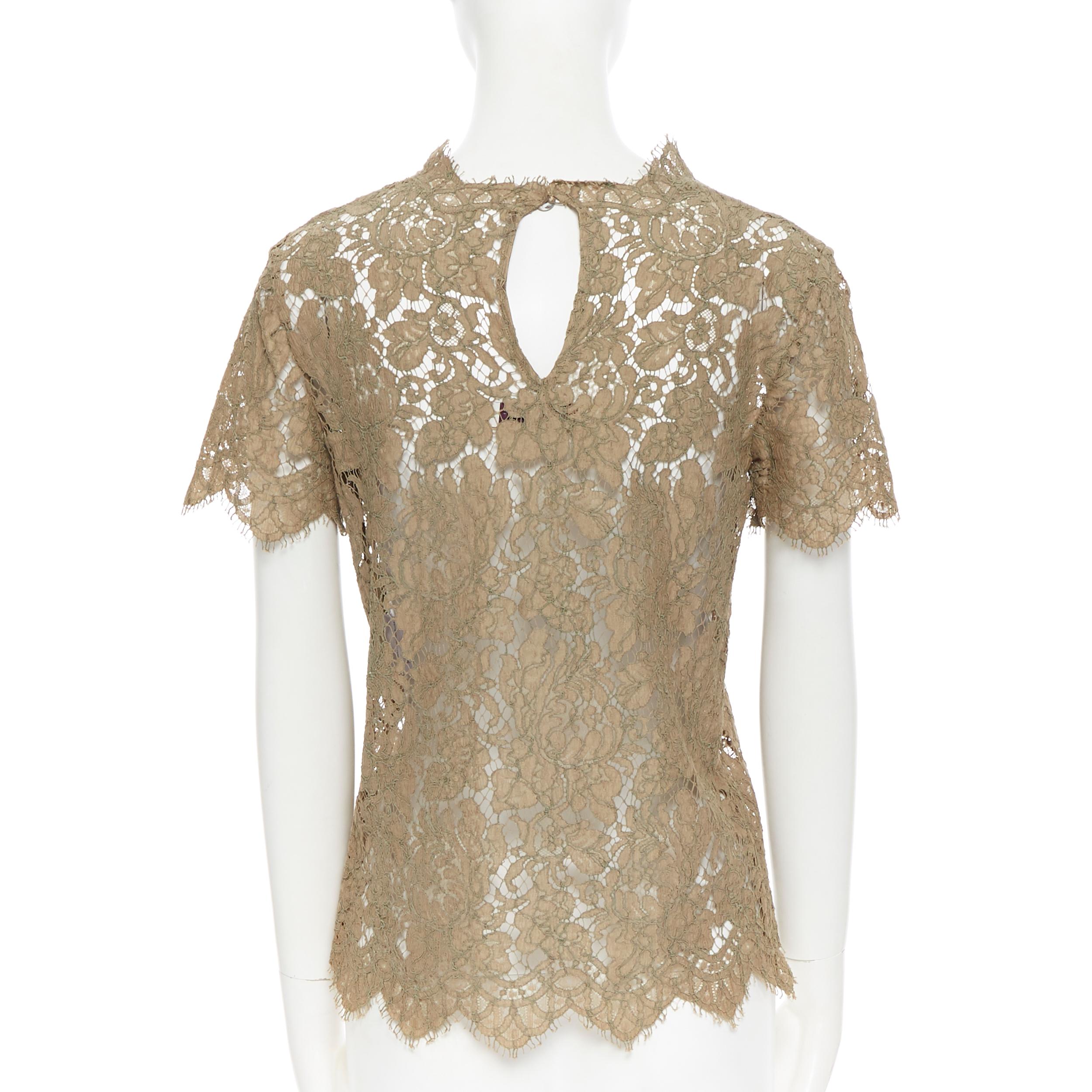 Women's STELLA  MCCARTNEY khaki green floral lace short sleeve t-shirt top XS For Sale