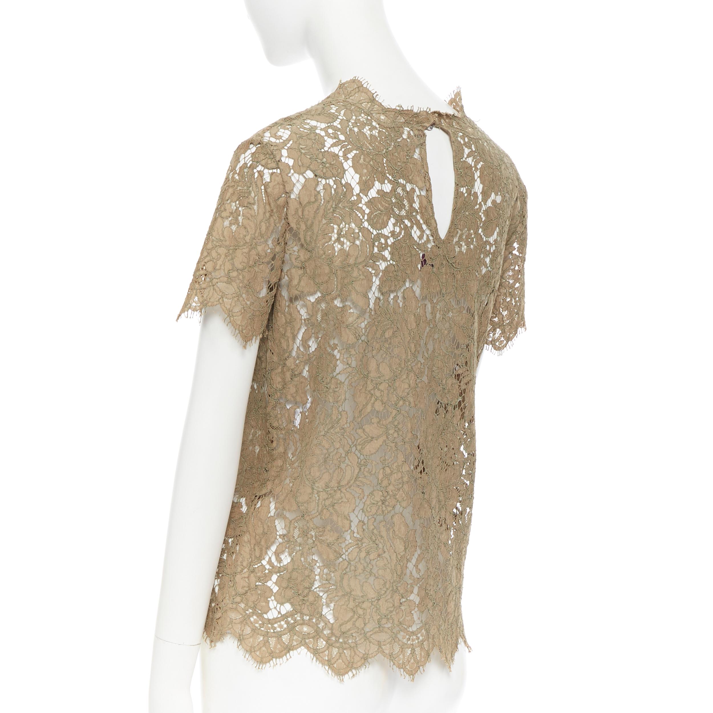 STELLA  MCCARTNEY khaki green floral lace short sleeve t-shirt top XS For Sale 1