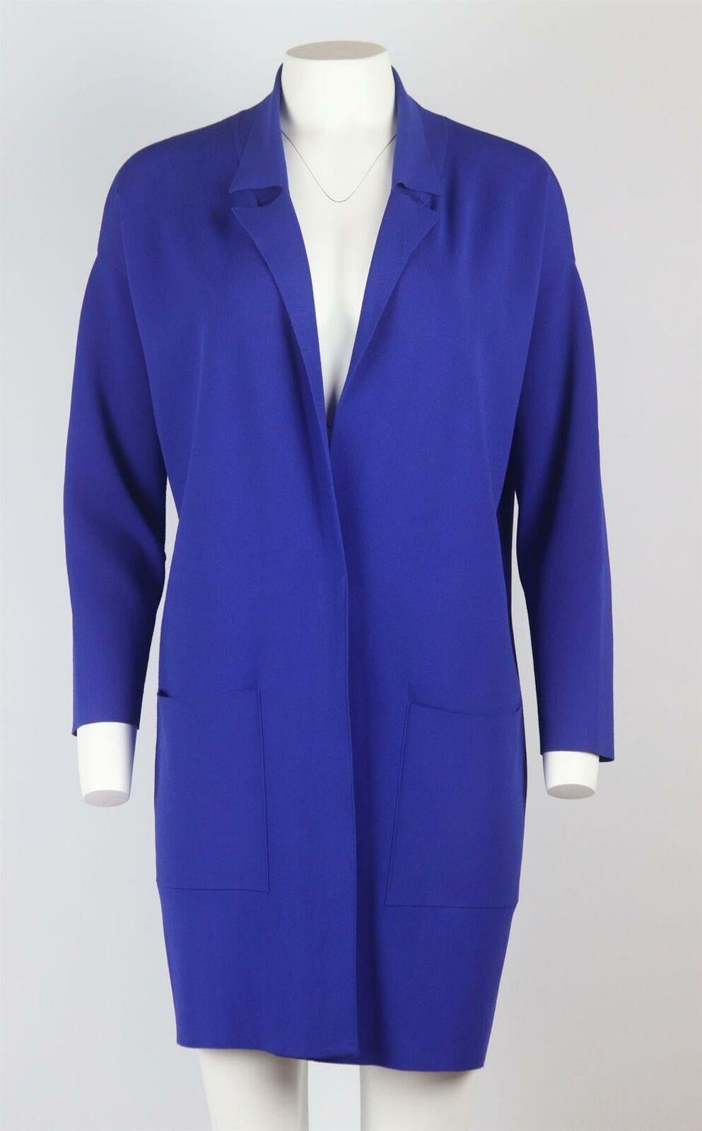 Stella McCartney's coat has been one of the label's most coveted styles for many seasons, it's tailored from lightweight knitted in a neat cocoon-style silhouette and has chic lapels, a perfect addition to a cool summer evening.
Blue knit.
Snap