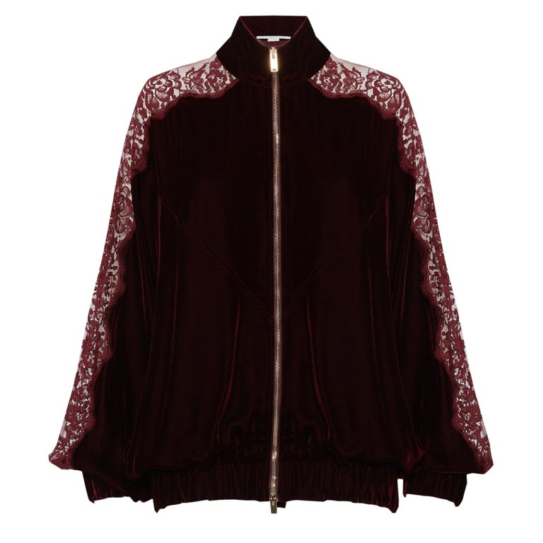 Stella Mccartney Lily Lace Velour Burgundy Bomber Jacket (US2) For Sale