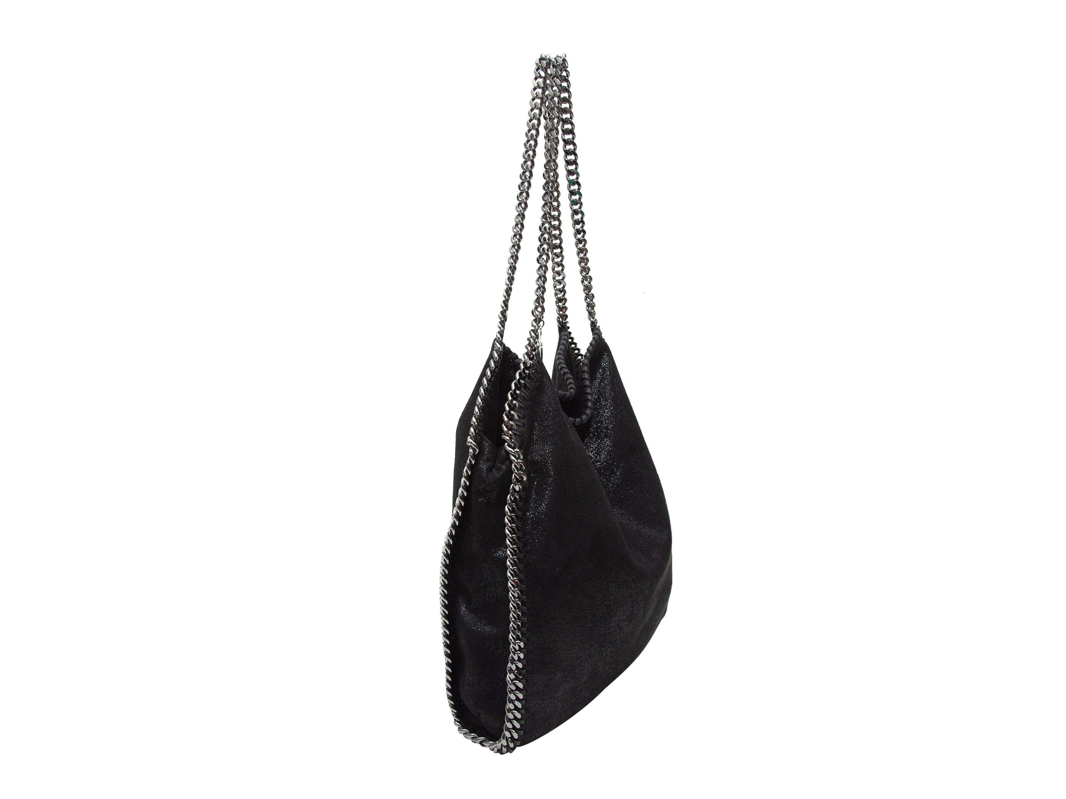 Product details: Metallic black 'Falabella' mini tote bag by Stella McCartney. Interior zip pocket. Silver-tone chain-link straps. 14