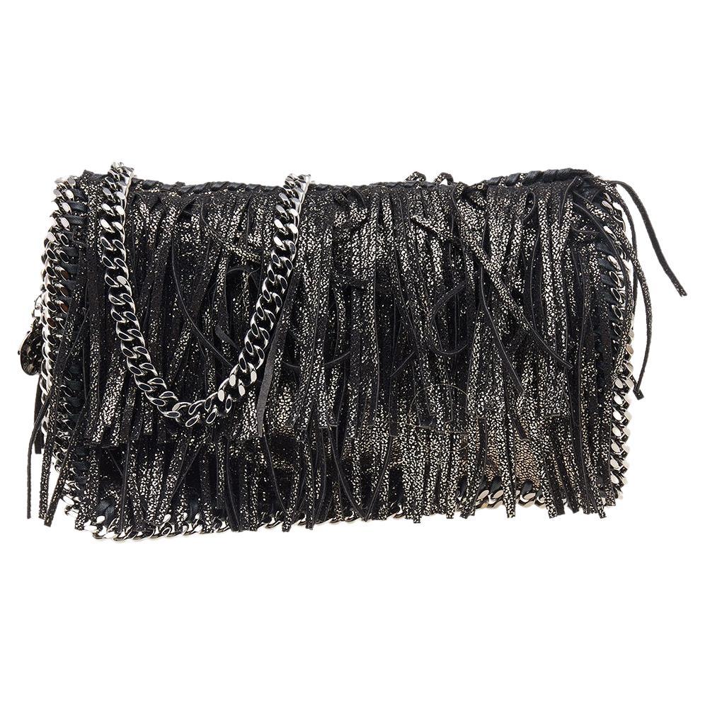 Stella McCartney Metallic Black Faux Leather Fringe Fallabella Crossbody Bag
