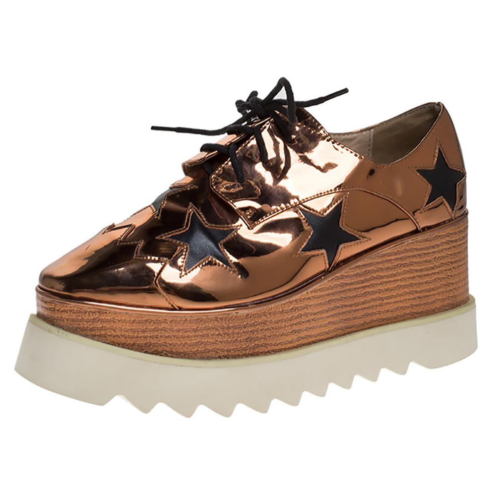 Stella McCartney Metallic Bronze Patent Leather Elyse Platform Sneaker Size 37