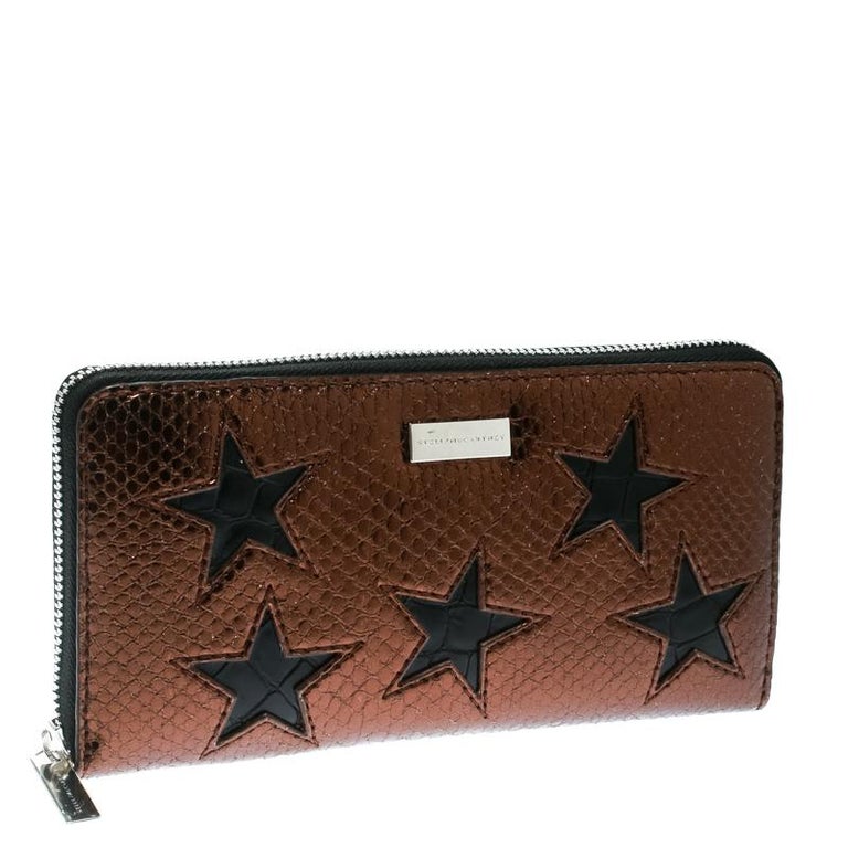 Stella McCartney Metallic Brown Faux Leather Stars Zip Around Wallet ...