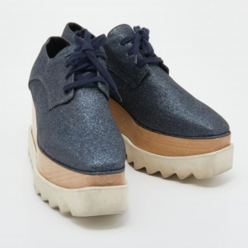 Stella McCartney Metallic Glitter Elyse Platform Derby Sneakers Size 38 In Good Condition For Sale In Dubai, Al Qouz 2