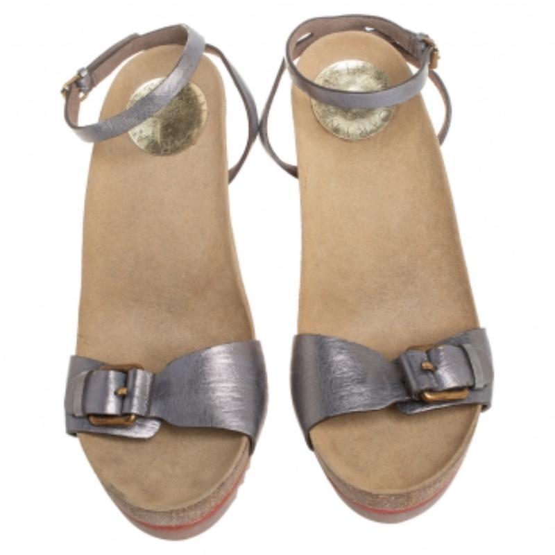 Brown Stella McCartney Metallic Grey Faux Leather Ankle Strap Sandals Size 38 For Sale