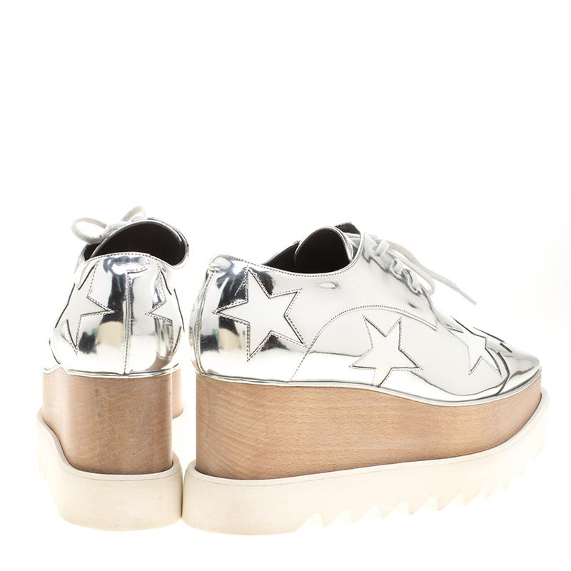 Beige Stella McCartney Metallic Silver Faux Leather Indium Elyse Star Platform Derby S