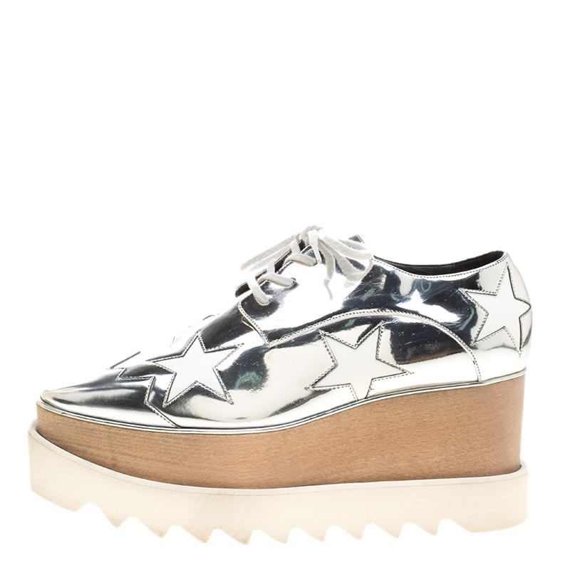 Stella McCartney Metallic Silver Faux Leather Indium Elyse Star Platform Derby S 1