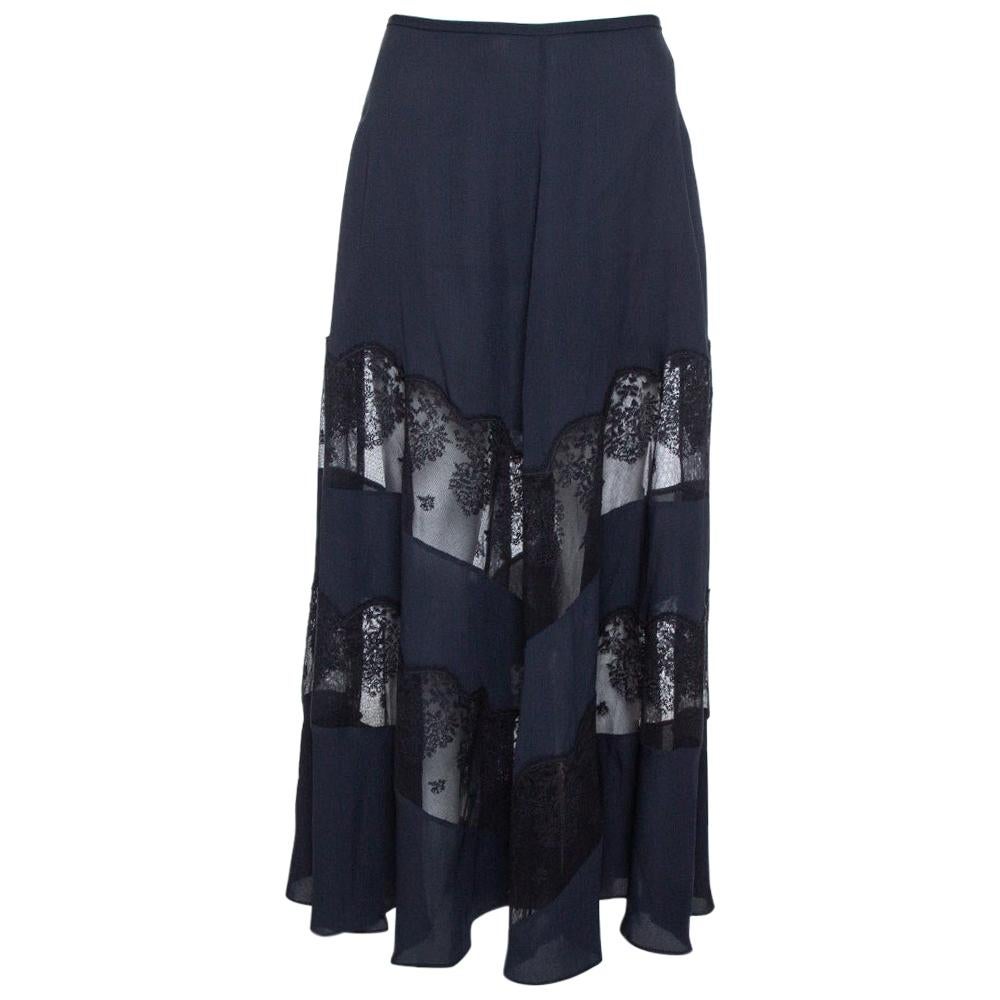 Stella McCartney Midnight Blue Silk & Lace Paneled Maxi Skirt S