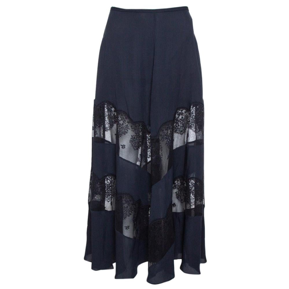 Stella McCartney Midnight Blue Silk & Lace Paneled Maxi Skirt S