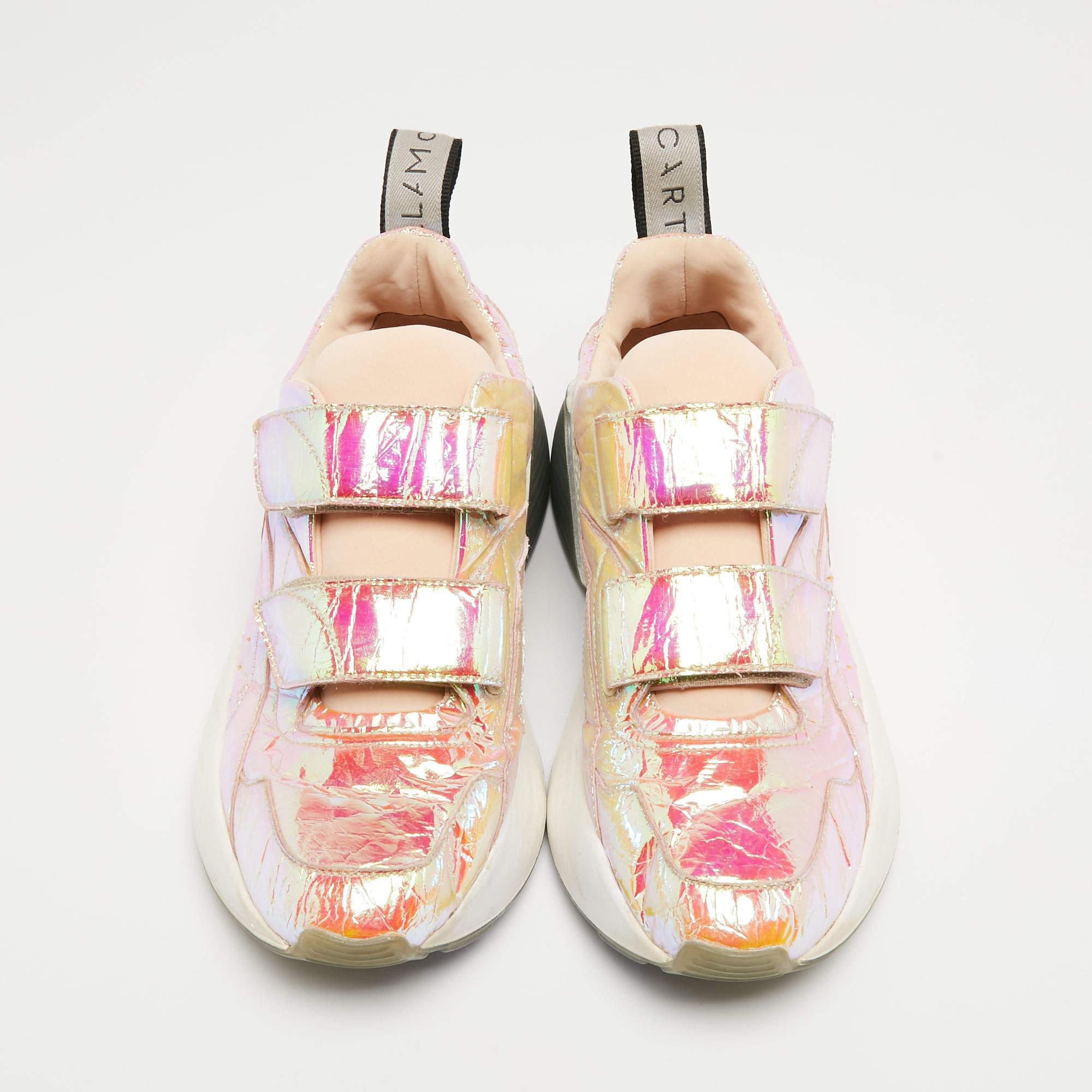 Stella McCartney Multicolor Holographic Faux Leather Velcro Sneakers Size 39 In Good Condition In Dubai, Al Qouz 2