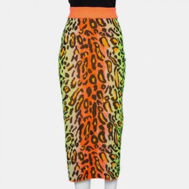 Stella McCartney Multicolor Neon Leopard Knit Fitted Midi Skirt M For Sale 5