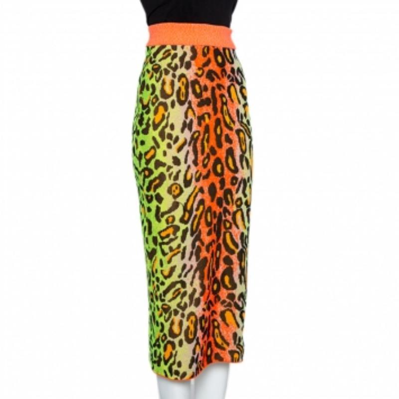 Brown Stella McCartney Multicolor Neon Leopard Knit Fitted Midi Skirt M For Sale