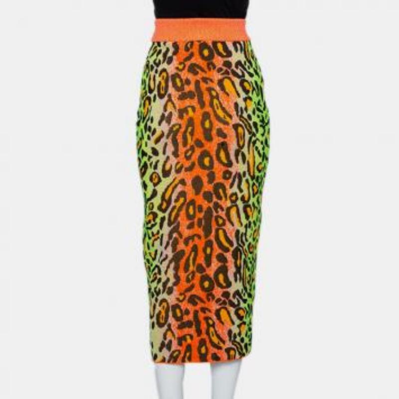 Stella McCartney Multicolor Neon Leopard Knit Fitted Midi Skirt M For Sale 3