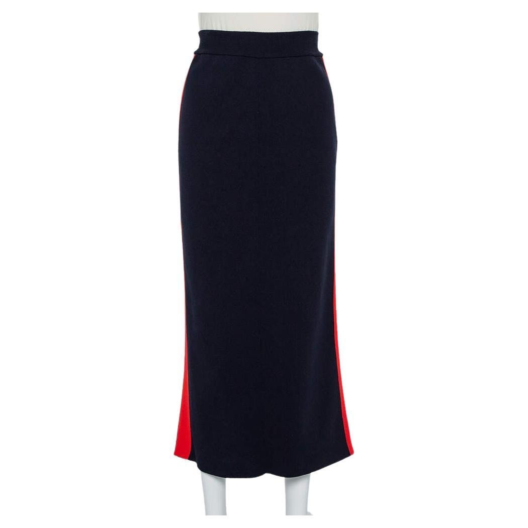 Stella McCartney Navy Blue Cotton Knit Contrast Stripe Panel Detail Midi Skirt M For Sale
