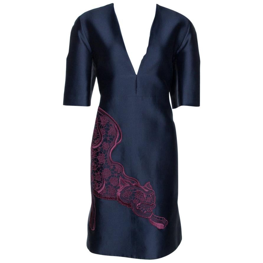 Stella McCartney Navy Blue Cotton Silk Tiger Applique Structured Dress M