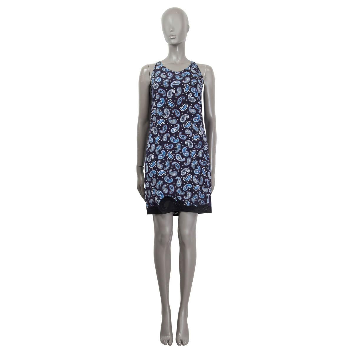 100% authentic Stella McCartney 2012 sleeveless dress in navy, blue, gray and black silk (100%). Features a paisley print and a laser cut trim in black polyamide (72%) and elastane (28%). Opens with a concealed zipper and a hook at the back.