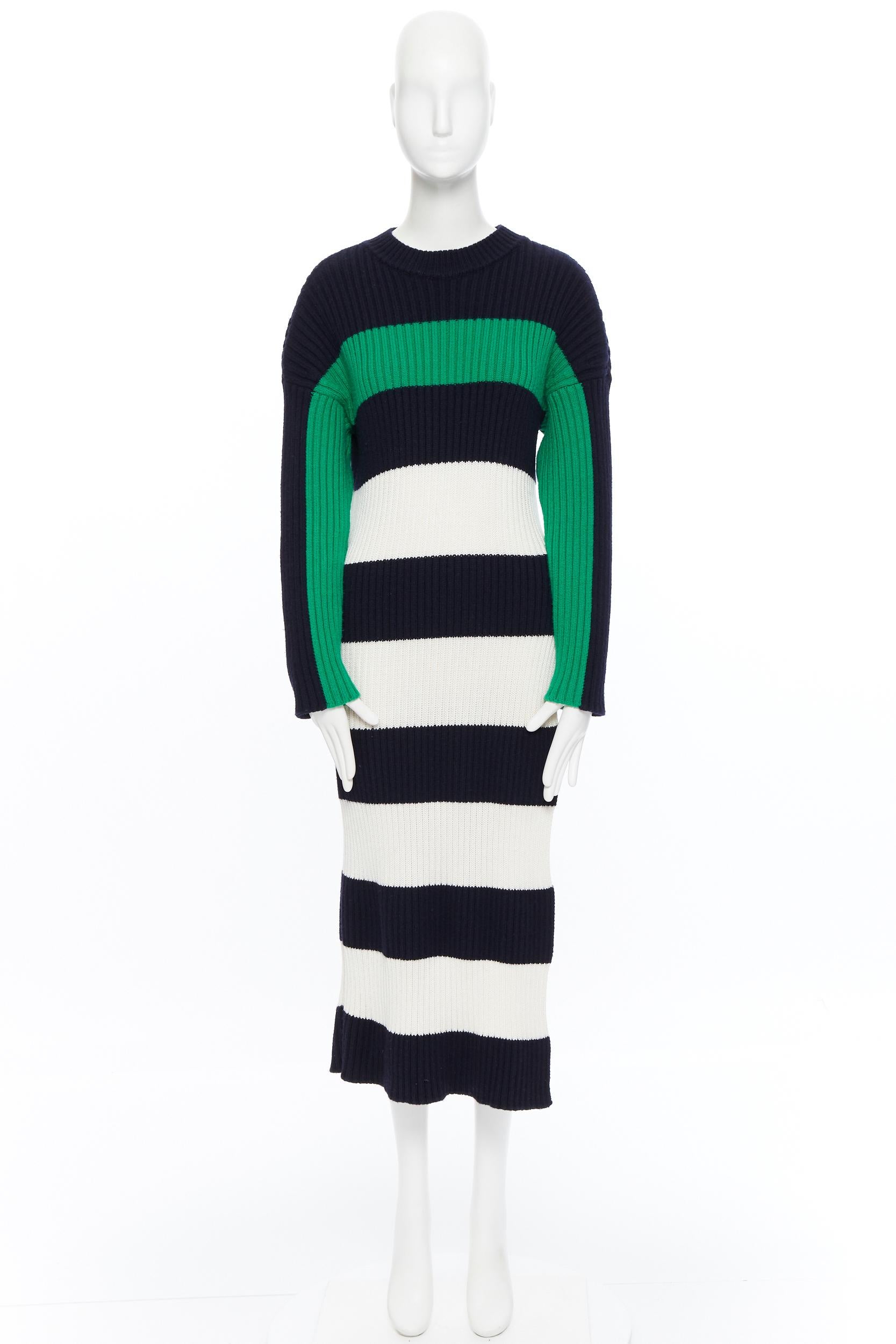 STELLA MCCARTNEY navy green white stripe ribbed virgin wool knit split sweater S
Brand: Stella McCartney
Designer: Stella McCartney
Model Name / Style: Sweater dress
Material: Wool
Color: Multicolour
Pattern: Striped
Extra Detail: Long sleeve. Round