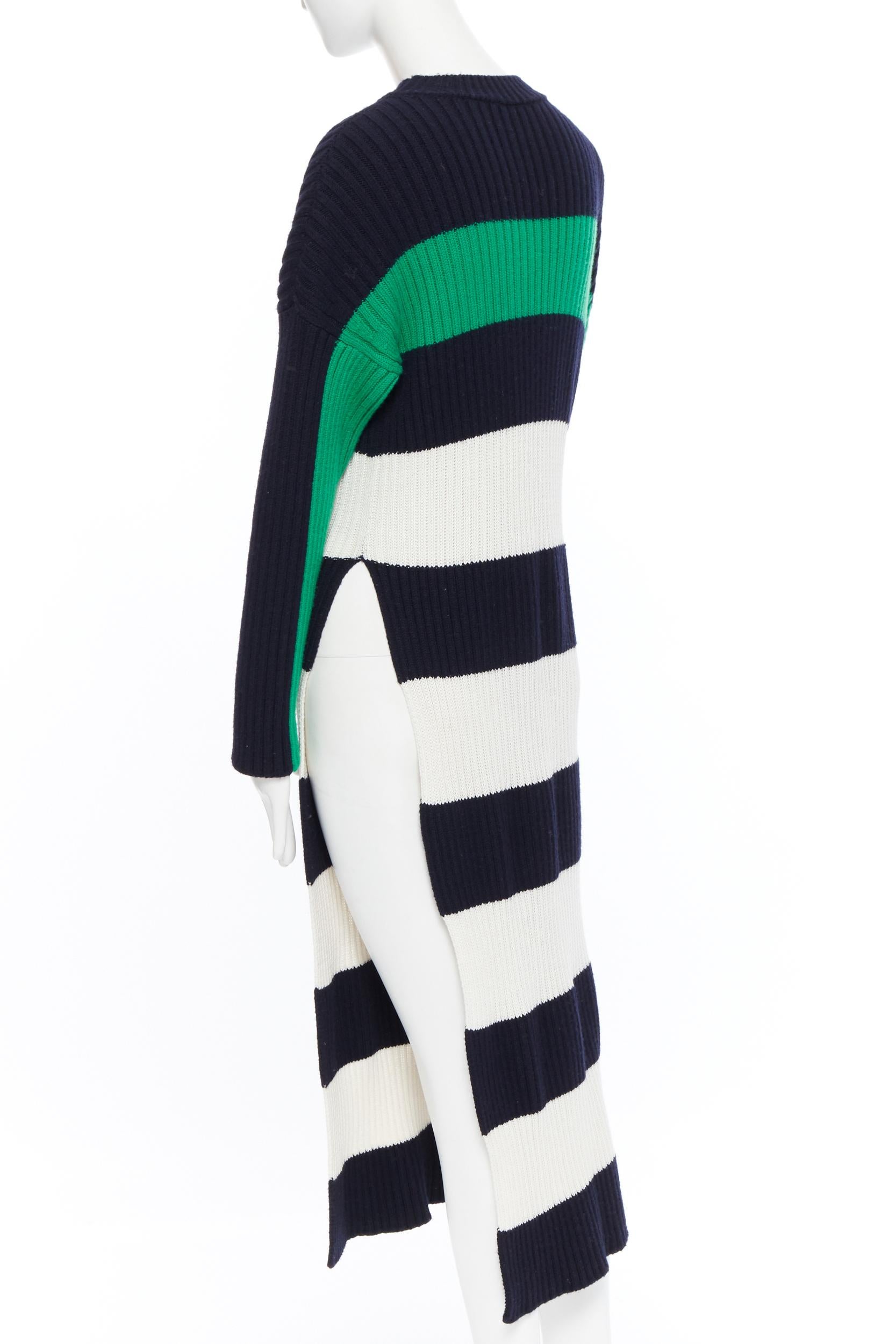 Black STELLA MCCARTNEY navy green white stripe ribbed virgin wool knit split sweater S