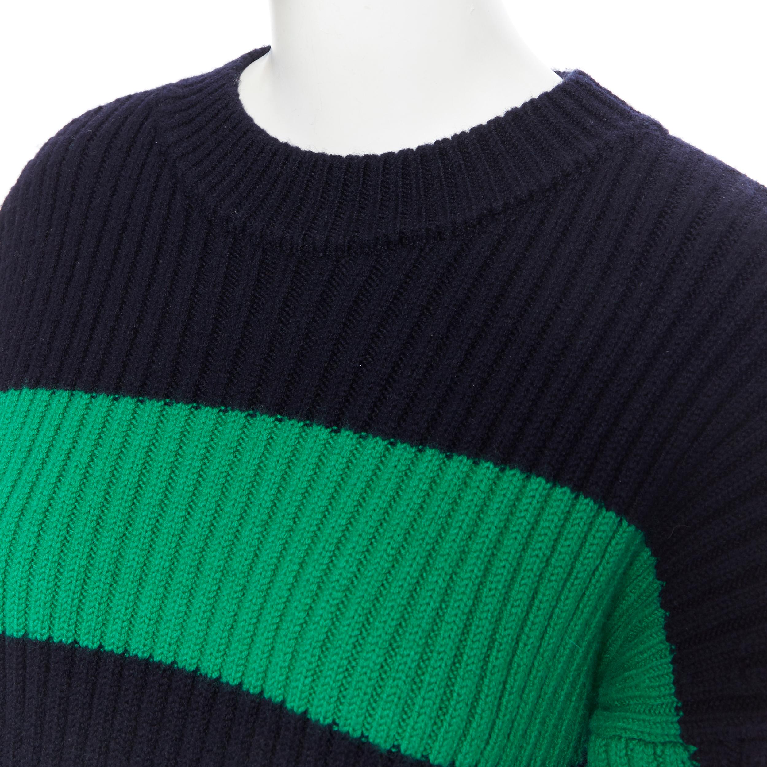 STELLA MCCARTNEY navy green white stripe ribbed virgin wool knit split sweater S In Excellent Condition In Hong Kong, NT