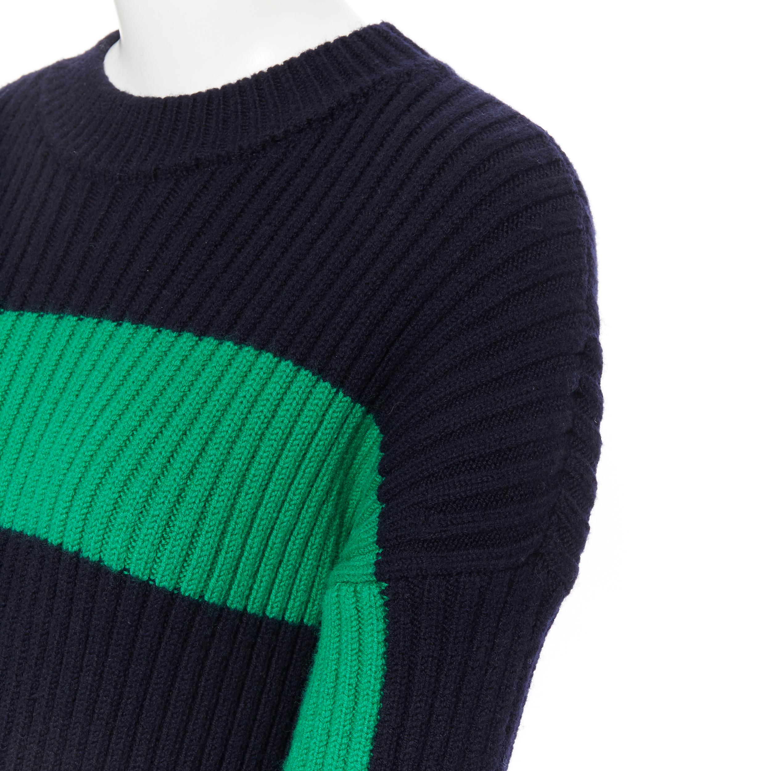 Women's STELLA MCCARTNEY navy green white stripe ribbed virgin wool knit split sweater S