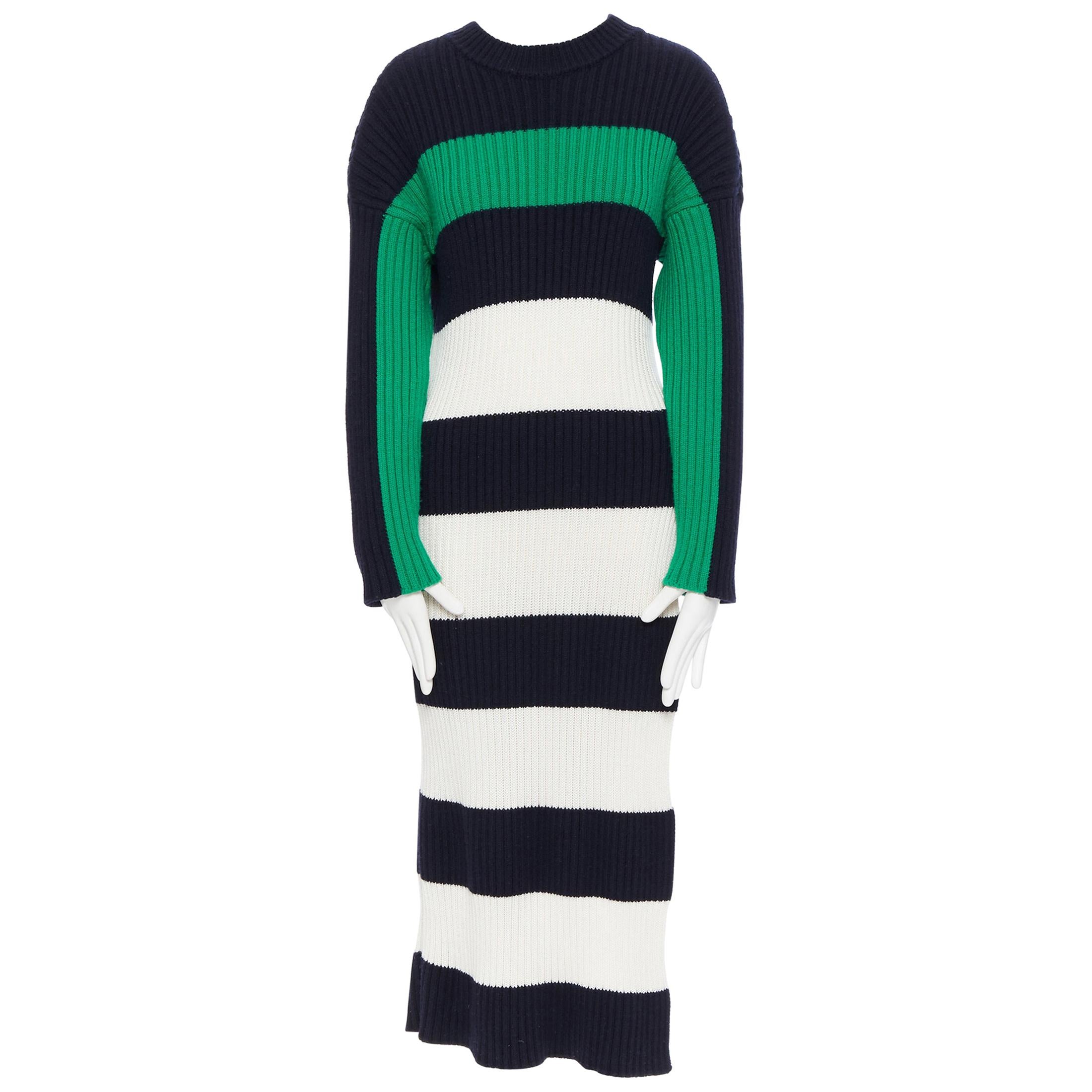 STELLA MCCARTNEY navy green white stripe ribbed virgin wool knit split sweater S