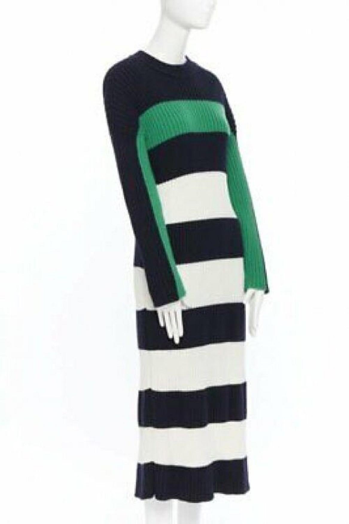 Black STELLA MCCARTNEY navy green white stripe virgin wool knit split side sweater S For Sale