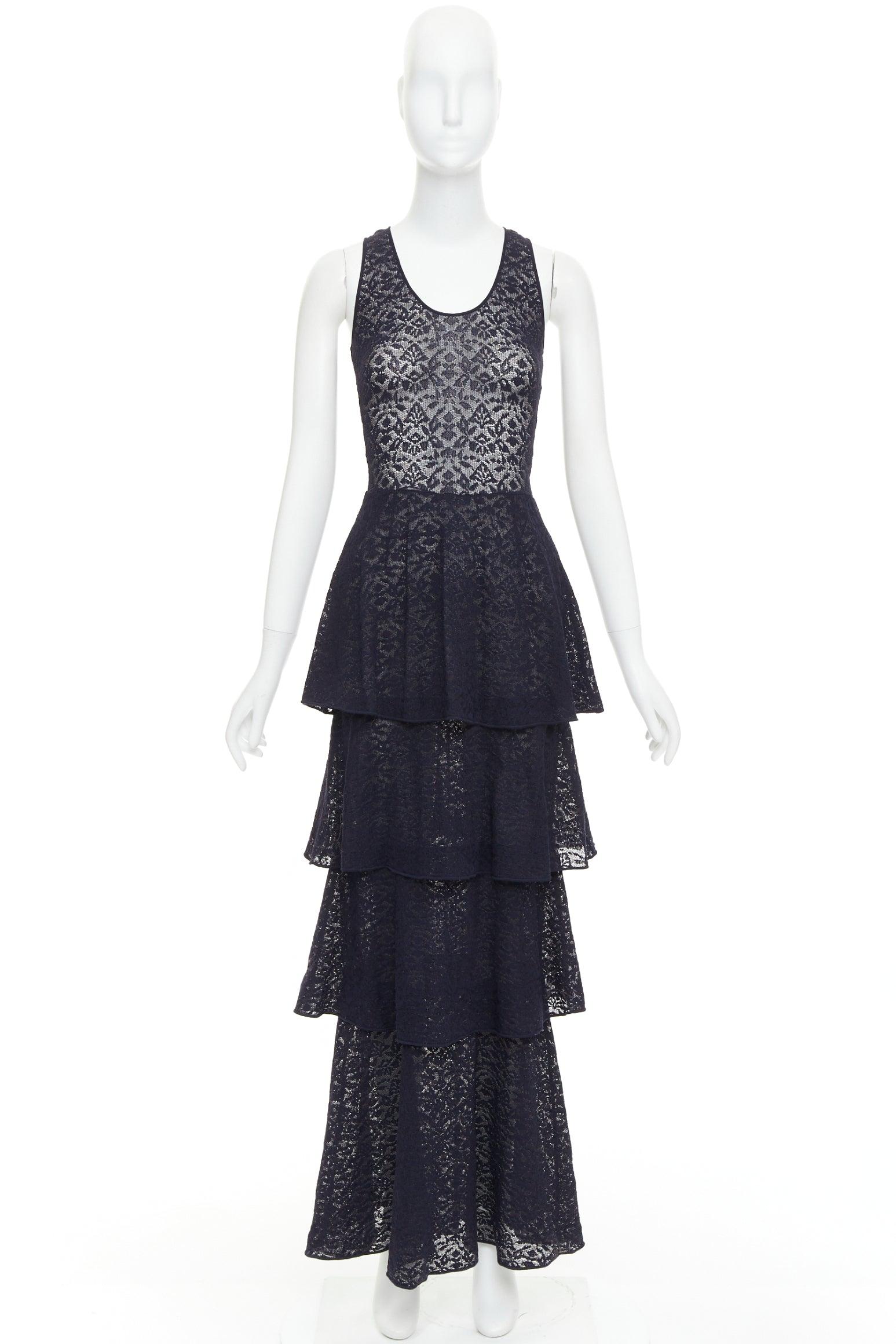 STELLA MCCARTNEY navy sheer floral lace layered tier dress IT40 S For Sale 5