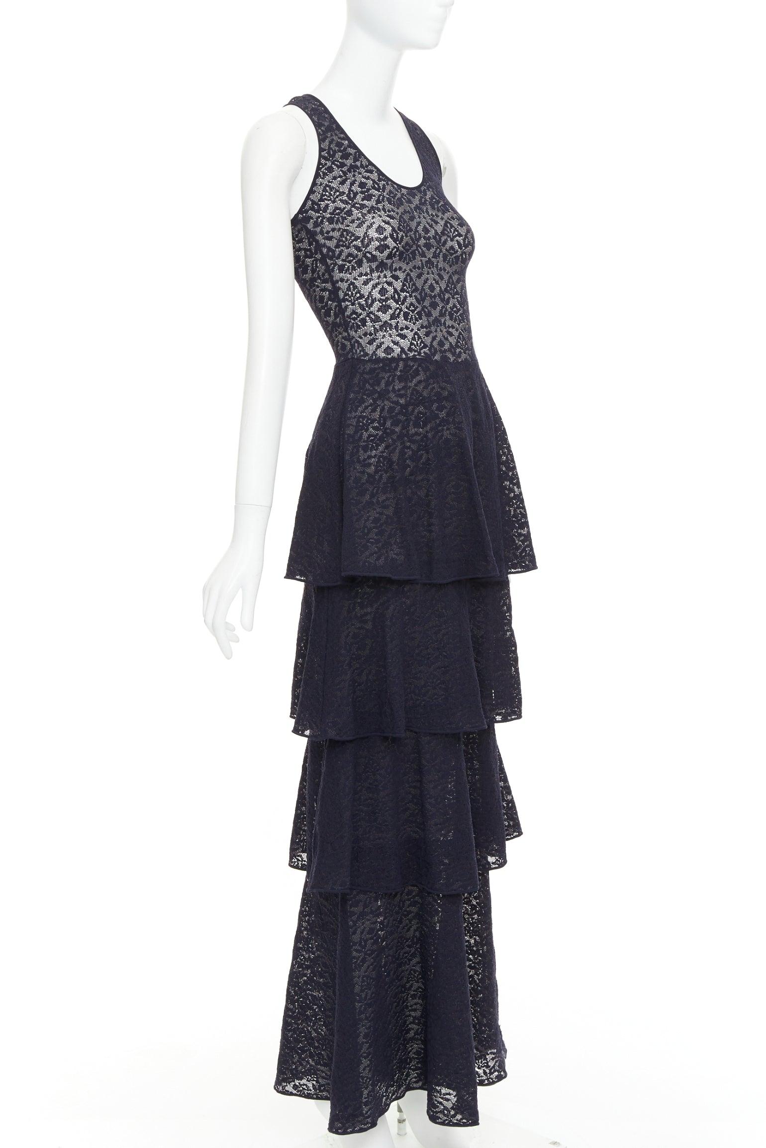 Black STELLA MCCARTNEY navy sheer floral lace layered tier dress IT40 S For Sale