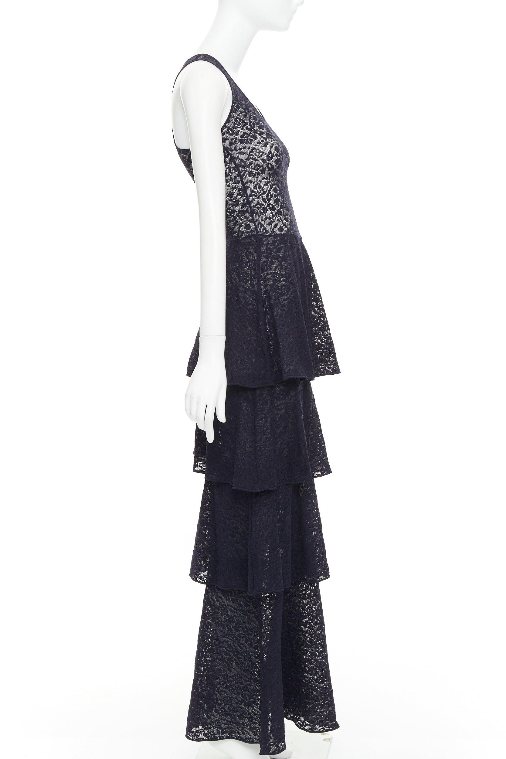 STELLA MCCARTNEY navy sheer floral lace layered tier dress IT40 S In Fair Condition For Sale In Hong Kong, NT