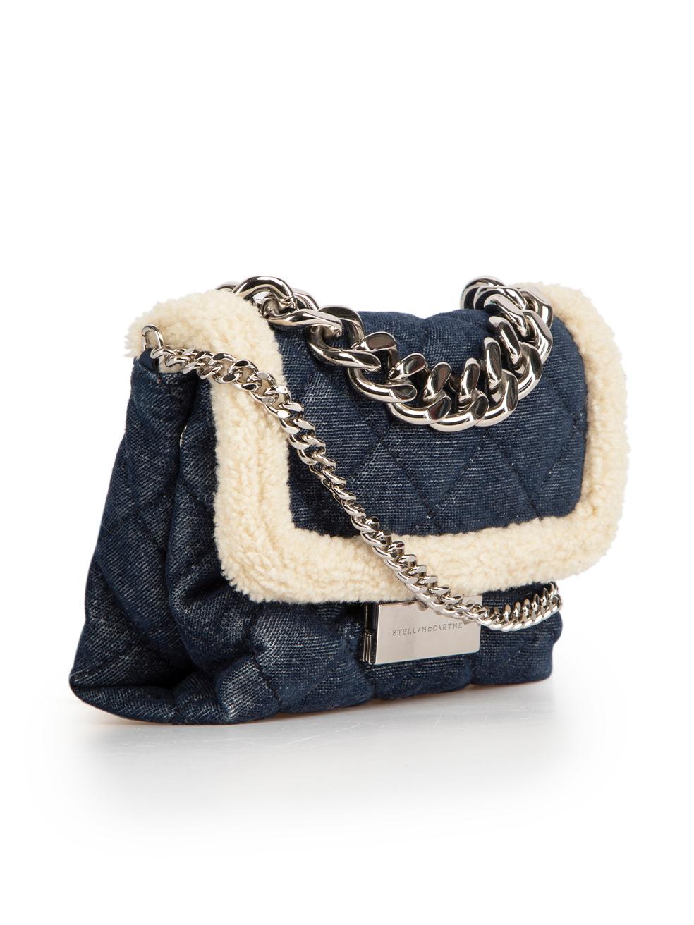 CONDITION is Never worn. No visible wear to bag is evident on this new Stella McCartney designer resale item. Comes with original box and dust-bag.
 
 Details
 Navy
 Denim
 Mini crossbody bag
 Quilted
 Silver tone hardware
 Flap with clasp